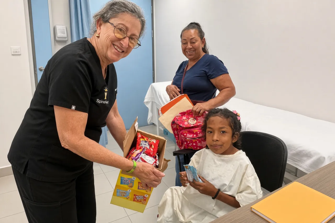 A SpineHope nurse bringing gifts to a young patient