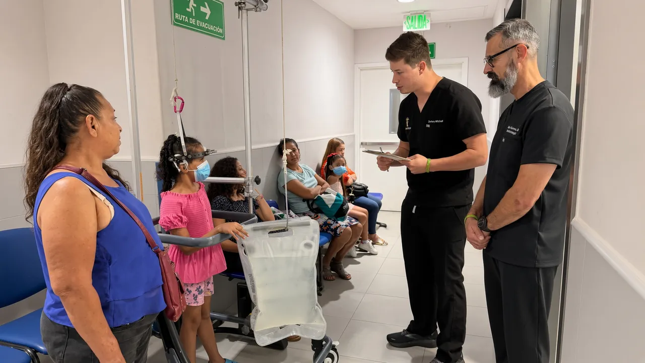 Families and clinical staff fill a busy hospital hallway on a mission clinic day