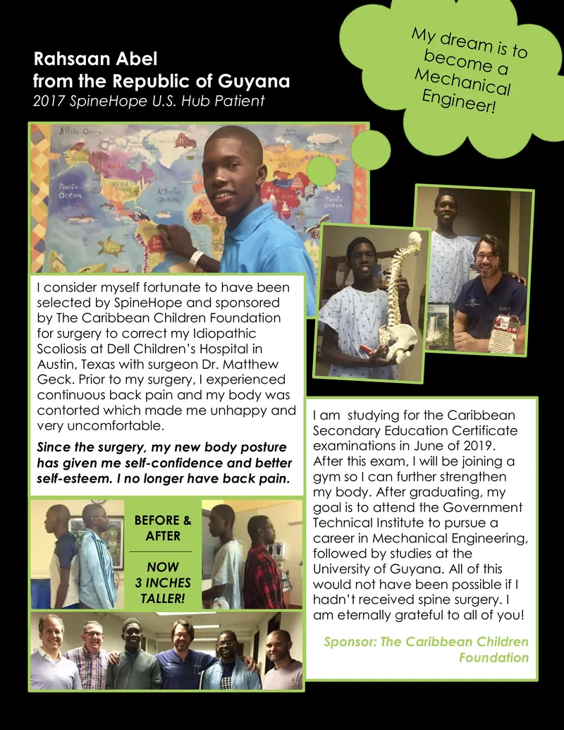 SpineHope&rsquo;s 2019 update on Rahsaan, headlined &lsquo;My dream is to become a Mechanical Engineer!&rsquo;, with photos from his hospital stay and the note &lsquo;Now 3 inches taller&rsquo;